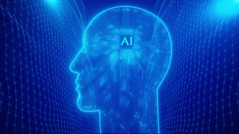 Future AI tech machine learning, face circuit board and binary data flow on blue Stock Footage 247484025