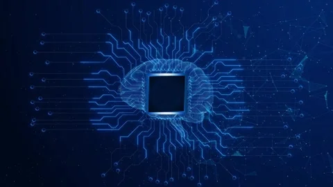 Future AI tech machine learning face outline circuit board digital brain binary Stock Footage 277718715