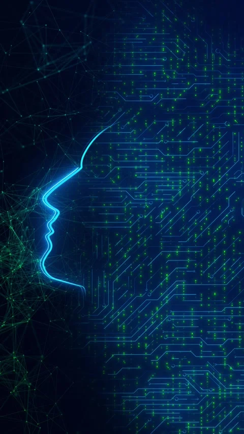 Future AI tech machine learning, face outline circuit board and binary data flow Stock Footage 313986860