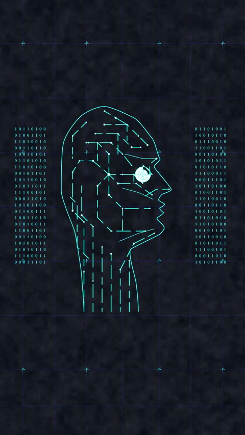 Future AI tech machine learning, face outline circuit board and binary data Stockbeeldmateriaal 346645540