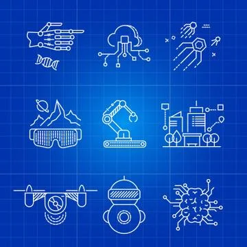 Future AI technology and robot artificial intelligence thin line concepts Stock Illustration