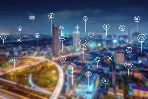 Future and connection concept on blurry city scape background Stock Photos