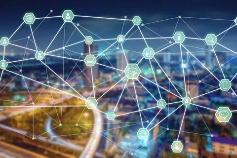 Future and connection concept on blurry city scape background Stock Photos