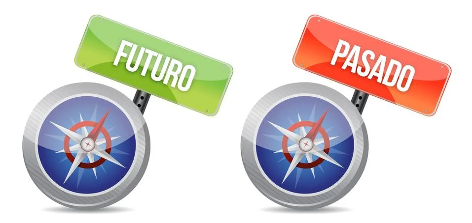 Future and pass glossy compass sign in spanish Illustrazione stock
