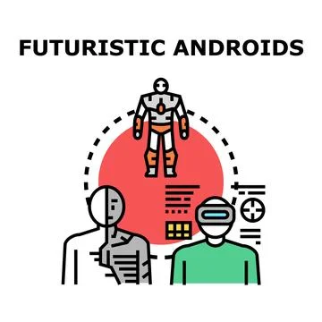 Future androids developing artificial intelligence and virtual reality Stock Illustration