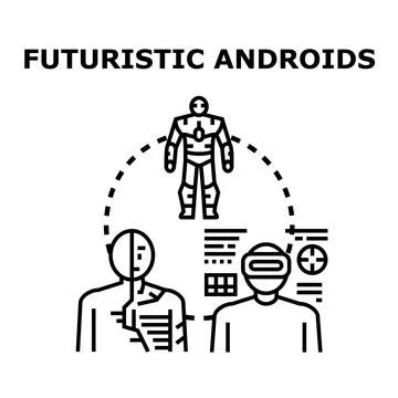Future androids developing artificial intelligence and virtual reality Stock Illustration
