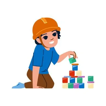 Future architect or engineer concentrating on building a tower of colorful bl Ilustración de archivo