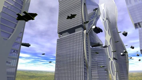 FUTURE ARCHITECTURE SKYSCRAPER CITY WITH FLYING SHIPS Vídeos de archivo 73946624