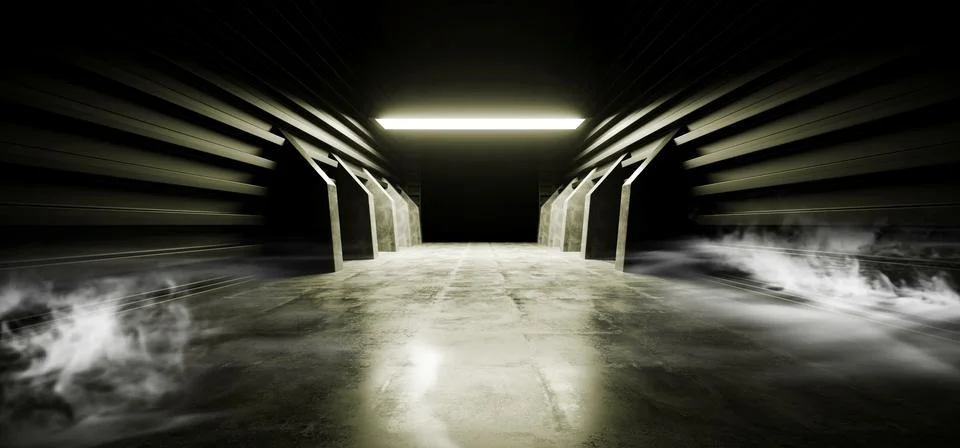 Future Arrows Sci Fi Smoke Neon Laser Spaceship Dark Corridor Glowing Green P 스톡 일러스트
