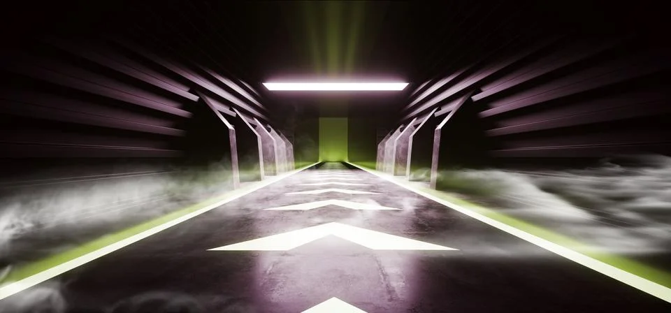 Future Arrows Sci Fi Smoke Neon Laser Spaceship Dark Corridor Glowing Green P 스톡 일러스트