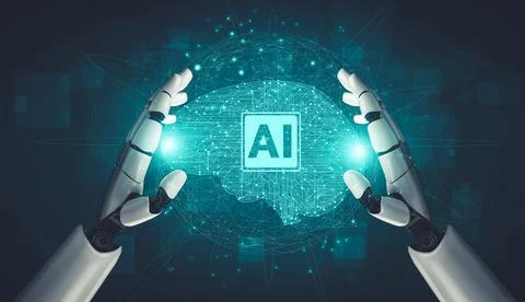 Future artificial intelligence and machine learning for AI droid robot or cyborg 库存插图