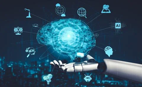 Future artificial intelligence and machine learning for AI droid robot or cyborg 库存插图