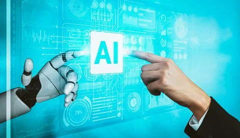 Future artificial intelligence and machine learning for AI droid robot or cyborg 库存插图