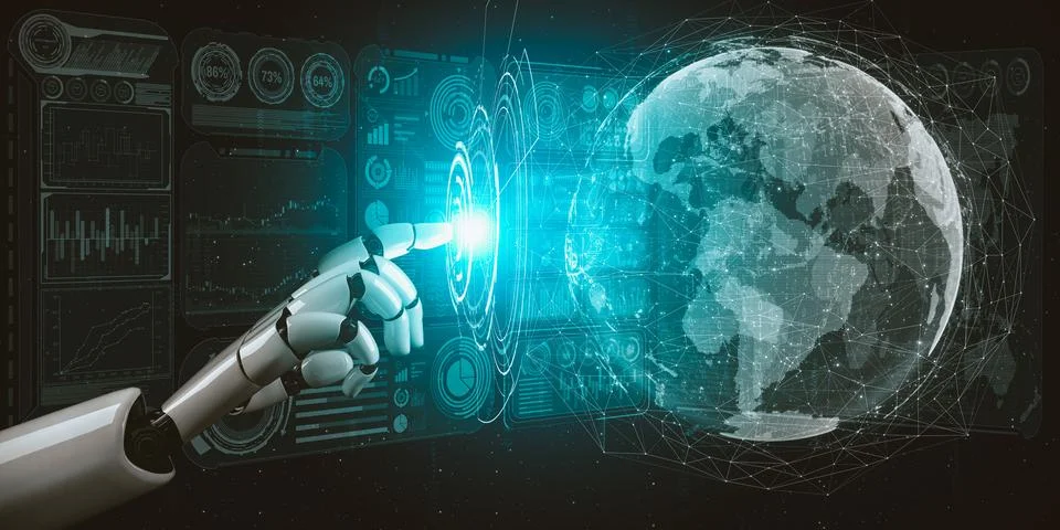 Future artificial intelligence and machine learning for AI droid robot or cyborg 库存插图