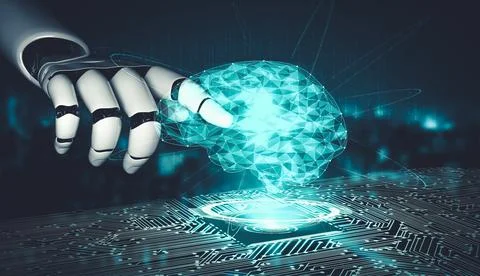 Future artificial intelligence and machine learning for AI droid robot or cyborg 库存插图