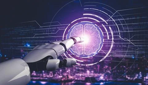 Future artificial intelligence and machine learning for AI droid robot or cyborg 库存插图