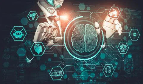 Future artificial intelligence and machine learning for AI droid robot or cyborg 库存插图