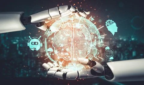 Future artificial intelligence and machine learning for AI droid robot or cyborg 库存插图