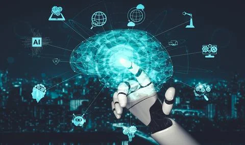 Future artificial intelligence and machine learning for AI droid robot or cyborg 库存插图