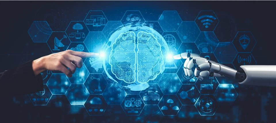 Future artificial intelligence and machine learning for AI droid robot or cyborg 库存插图