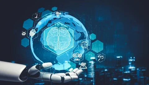 Future artificial intelligence and machine learning for AI droid robot or cyborg 库存插图