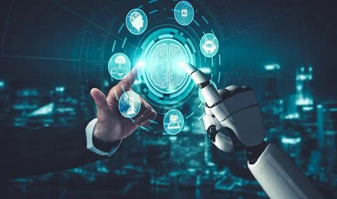 Future artificial intelligence and machine learning for AI droid robot or cyborg 库存插图