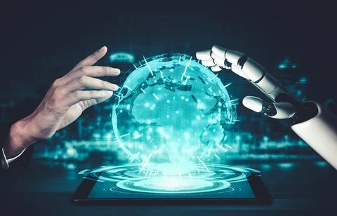 Future artificial intelligence and machine learning for AI droid robot or cyborg 库存照片