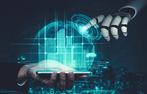 Future artificial intelligence and machine learning for AI droid robot or cyborg 库存照片