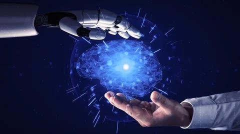 Future artificial intelligence robot and cyborg. 3D illustration. Illustrazione stock