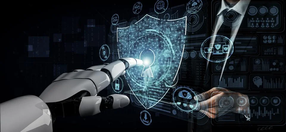 Future artificial intelligence robot and cyborg. 3D illustration. Illustrazione stock