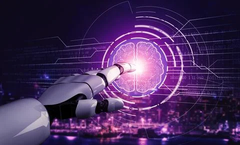 Future artificial intelligence robot and cyborg. 3D illustration. Illustrazione stock