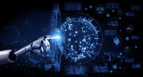 Future artificial intelligence robot and cyborg. 3D illustration. Illustrazione stock