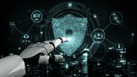 Future artificial intelligence robot and cyborg. 3D illustration. Illustrazione stock