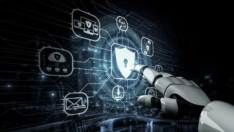 Future artificial intelligence robot and cyborg. 3D illustration. Illustrazione stock