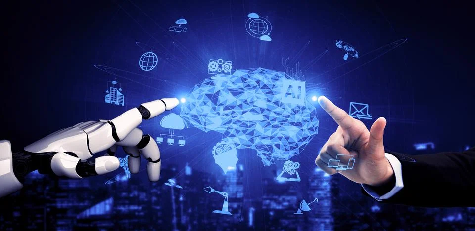 Future artificial intelligence robot and cyborg. 3D illustration. Illustrazione stock