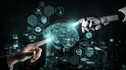 Future artificial intelligence robot and cyborg. 3D illustration. イラスト素材