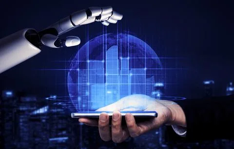 Future artificial intelligence robot and cyborg. 3D illustration. Illustrazione stock