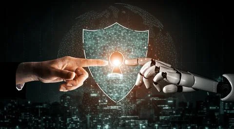 Future artificial intelligence robot and cyborg. 3D illustration. Illustrazione stock