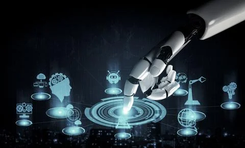 Future artificial intelligence robot and cyborg. 3D illustration. Illustrazione stock