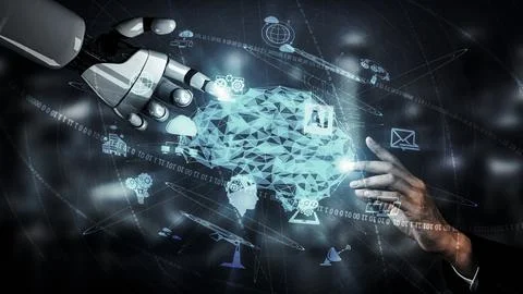 Future artificial intelligence robot and cyborg. 3D illustration. Illustrazione stock