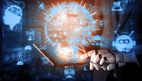 Future artificial intelligence robot and cyborg. 3D illustration. Illustrazione stock