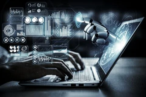 Future artificial intelligence robot and cyborg. 3D illustration. Illustrazione stock