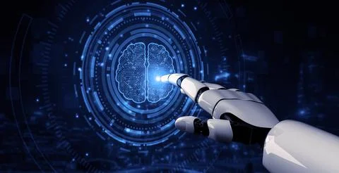 Future artificial intelligence robot and cyborg. 3D illustration. Illustrazione stock