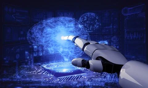 Future artificial intelligence robot and cyborg. 3D illustration. Illustrazione stock