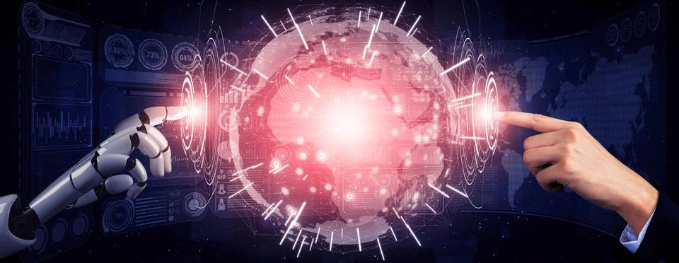 Future artificial intelligence robot and cyborg. 3D illustration. Illustrazione stock