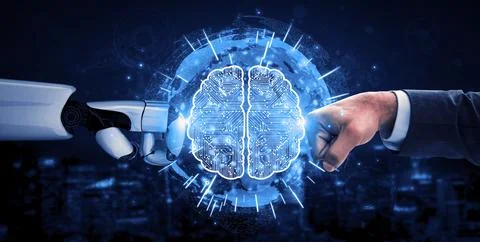 Future artificial intelligence robot and cyborg. 3D illustration. Illustrazione stock