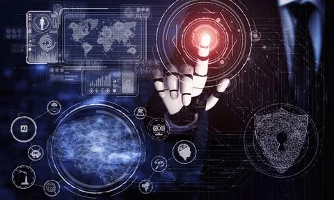 Future artificial intelligence robot and cyborg. 3D illustration. Illustrazione stock