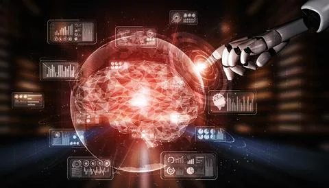 Future artificial intelligence robot and cyborg. 3D illustration. Illustrazione stock