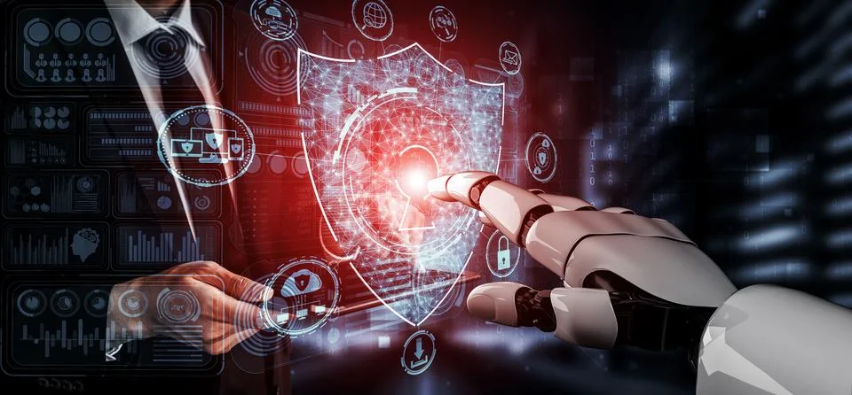 Future artificial intelligence robot and cyborg. 3D illustration. Illustrazione stock