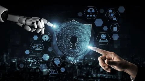 Future artificial intelligence robot and cyborg. 3D illustration. Illustrazione stock